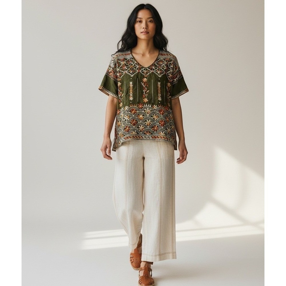 Johnny‎ Was Aubrey Embroidered Top Women's Small Tarragon Green Floral Boho Chic